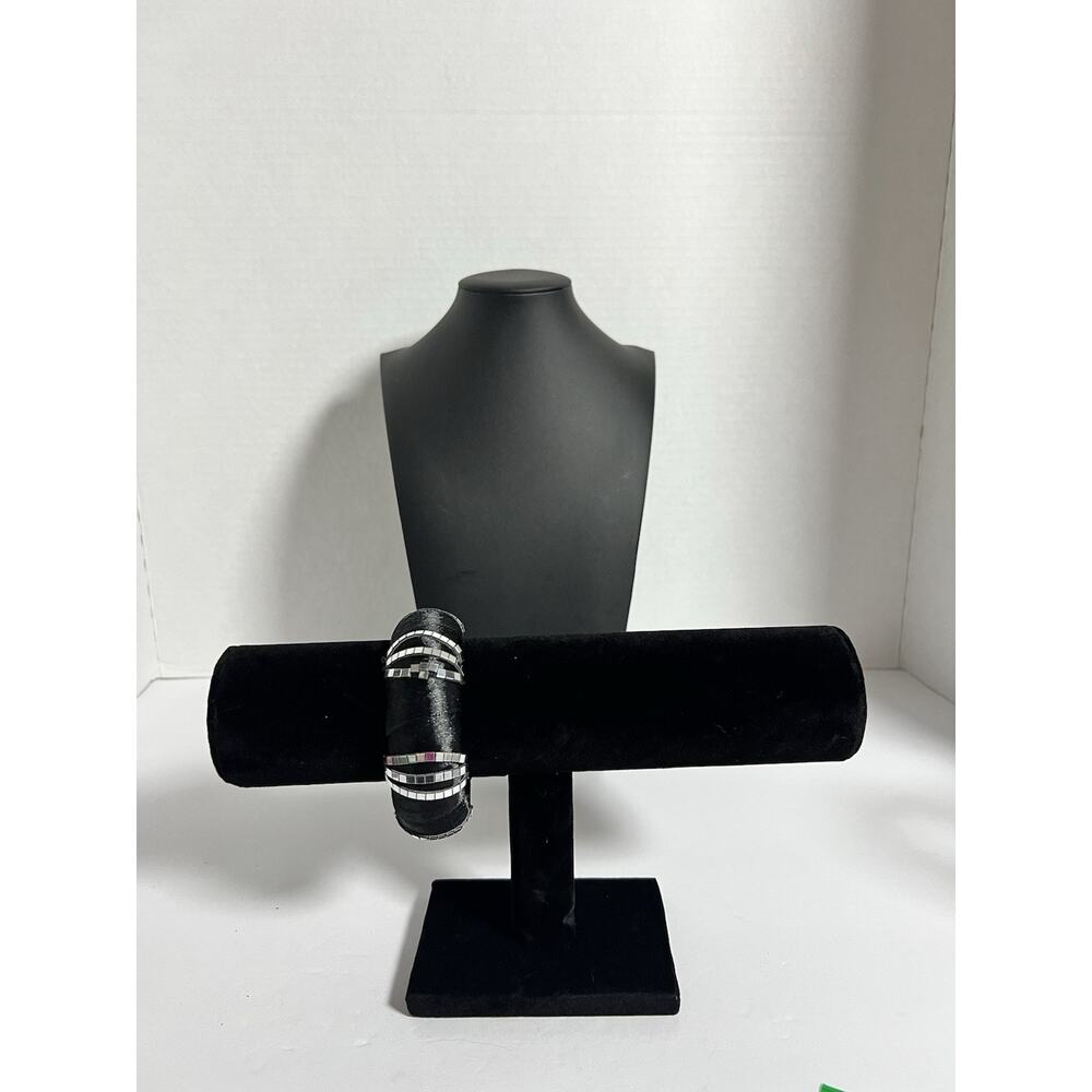 Vintage Women’s Multi-row Silver Black Tile Mirrored Bracelet 7.5” L